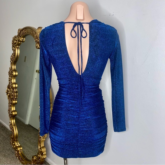 Olivia-  Blue Deep V-Neck Glitter Bodycon Ruched Mini Dress - Picture 3 of 4